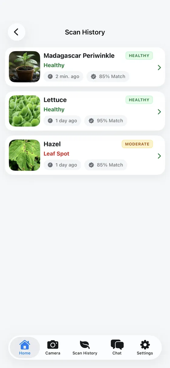 Scan history listing a healthy Madagascar periwinkle, healthy lettuce and a hazel with leaf spot