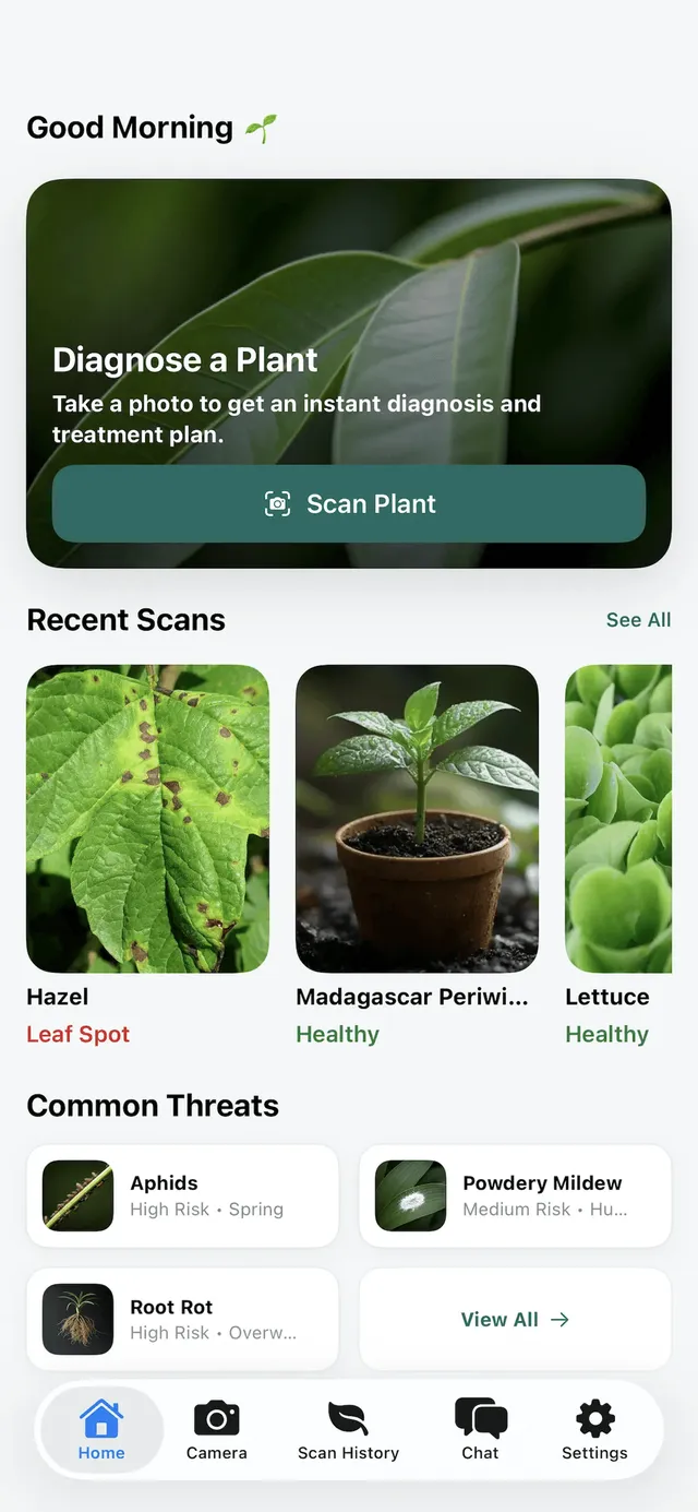 The Common Threats section of the app showing aphids, powdery mildew and root rot with risk levels