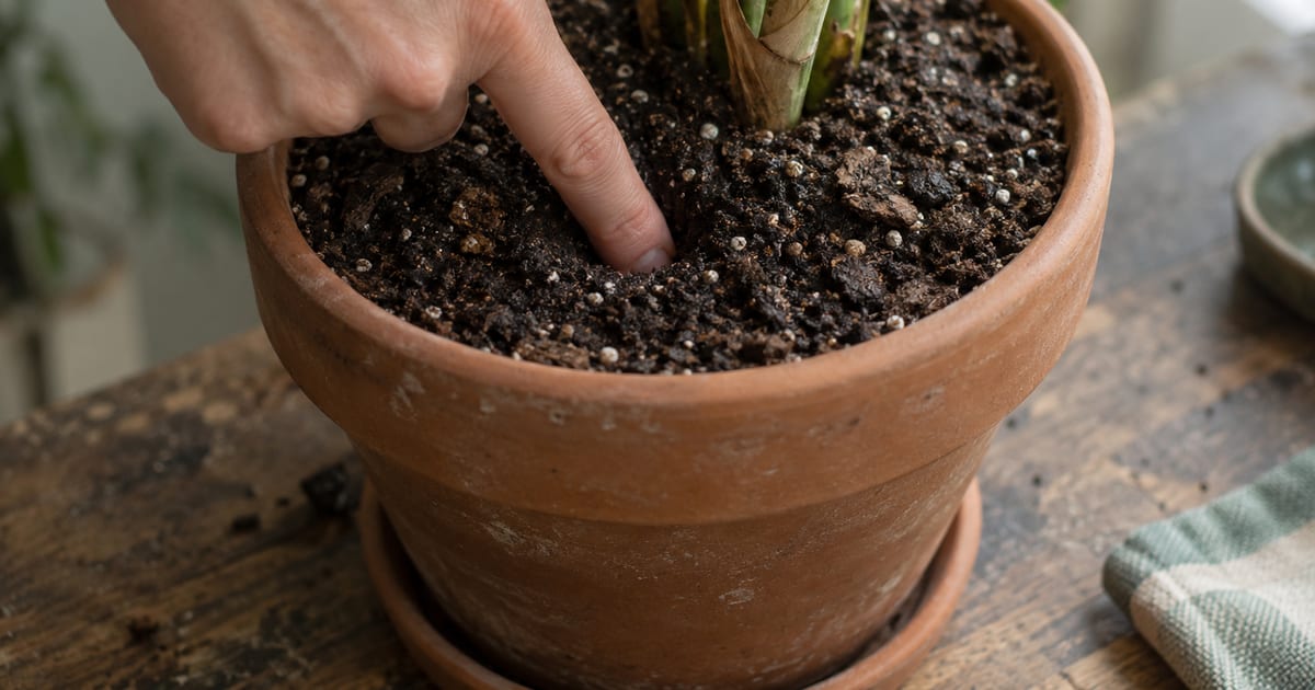 A hand pressing a finger into dark, damp potting soil in a terracotta pot on a wooden table