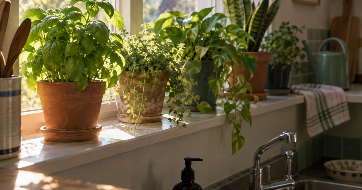 A row of ordinary houseplants on a kitchen windowsill in low morning sunlight, one of them showing pale lower leaves